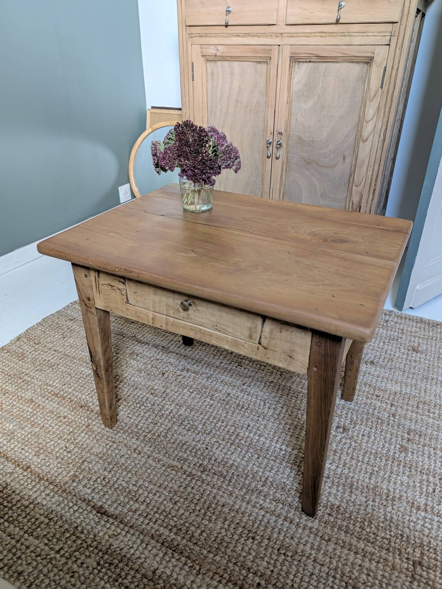 Small antique wooden coffee table with drawer, country style.