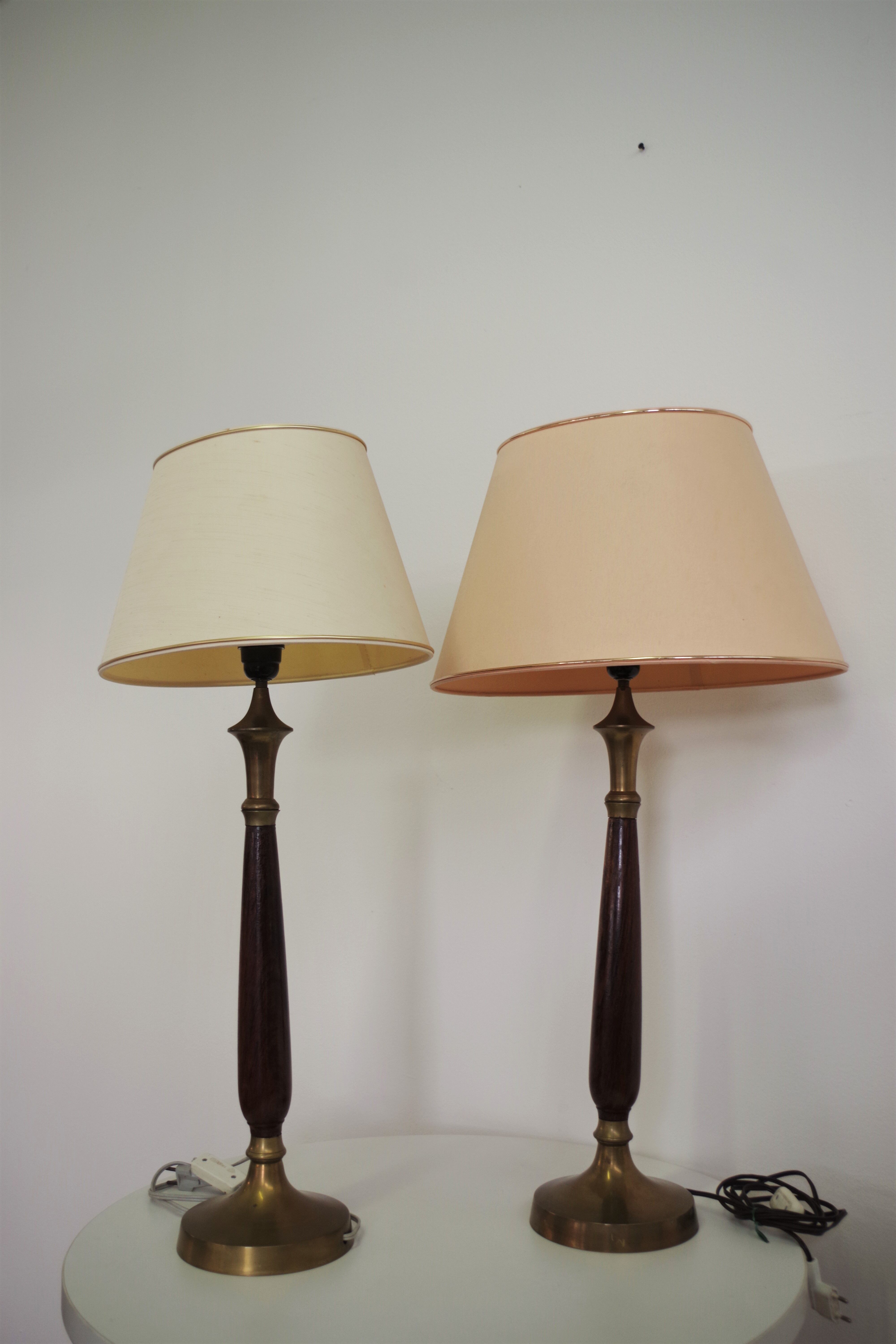 Mahogany Hat Lamps, Brass and Cotton of Abat Day, 1950s, Set of 2