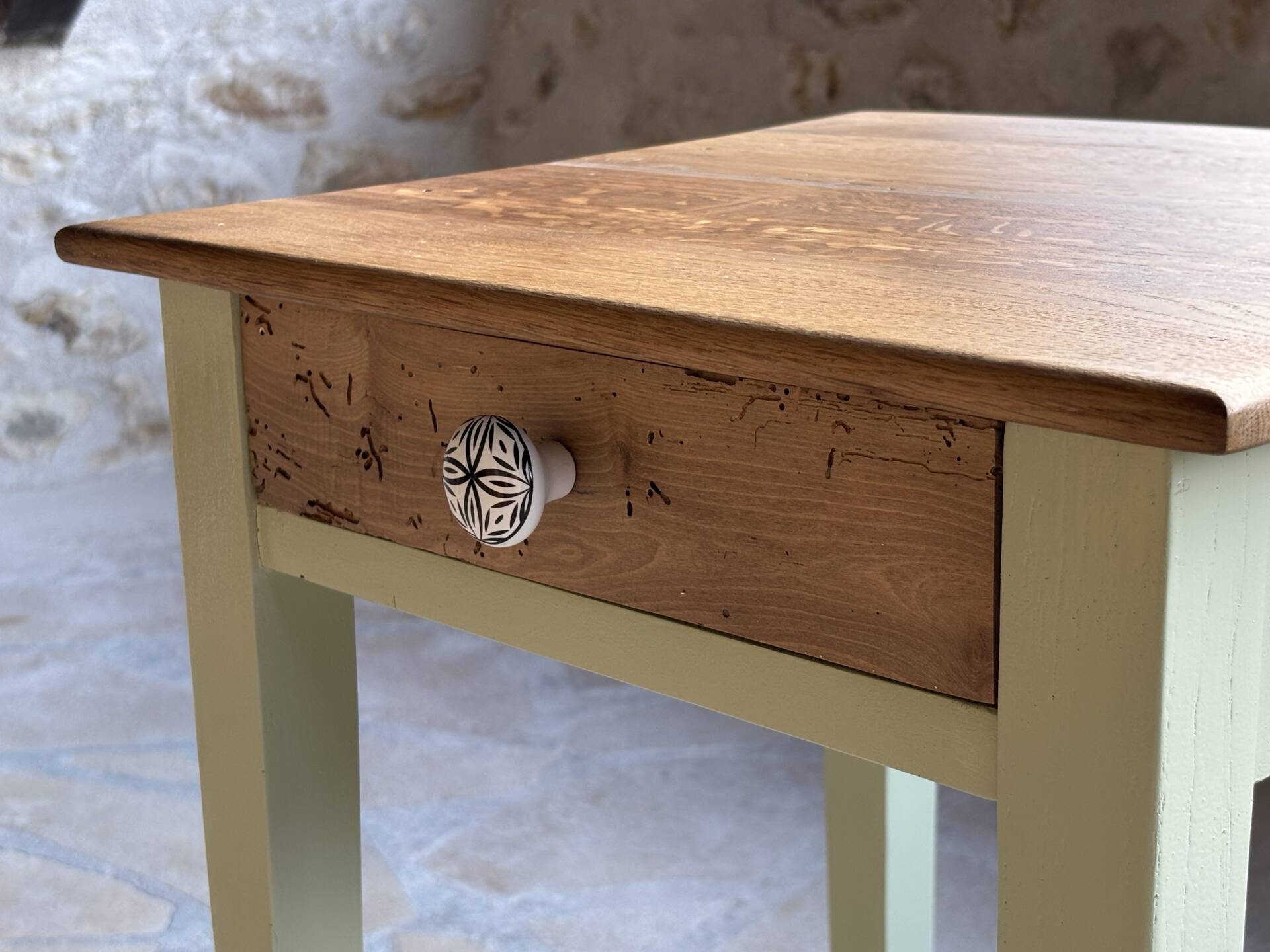 Restored antique oak bedside table - almond green and natural varnished wood