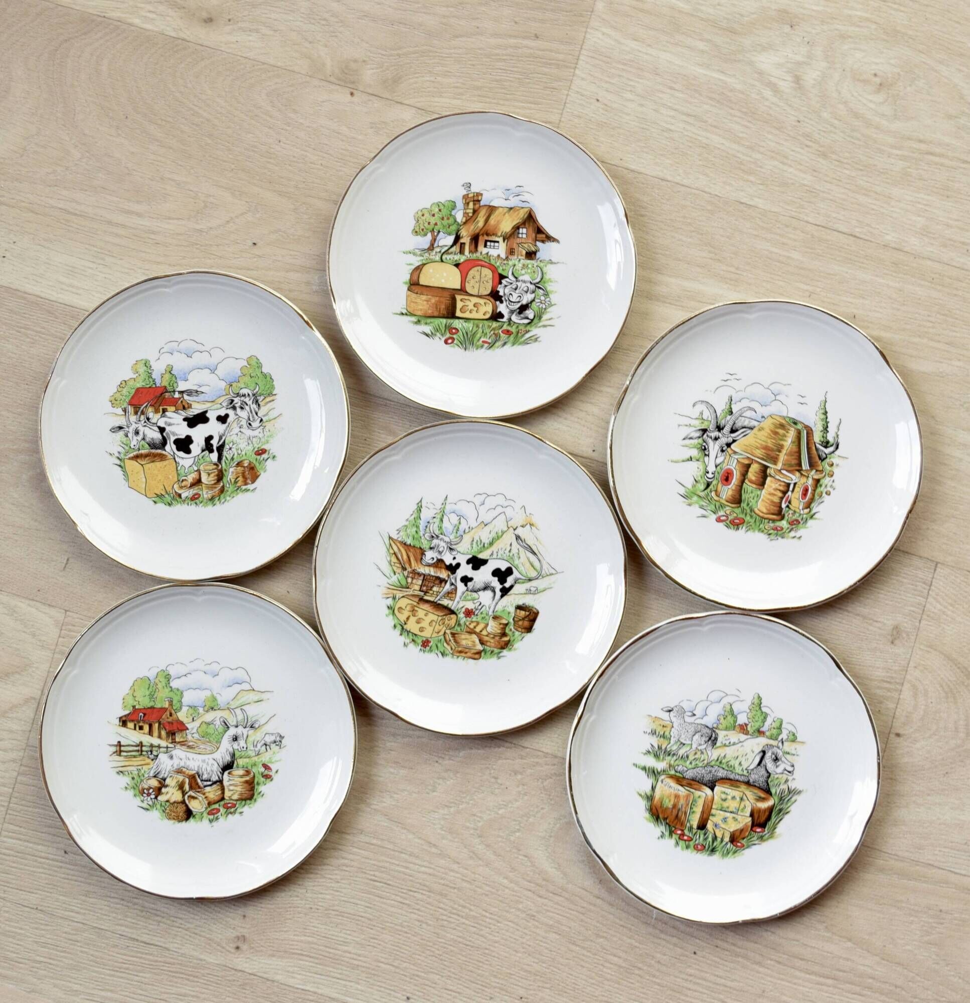 Moulin-des-Loups - Orchies - Set of 6 vintage glazed ceramic cheese plates