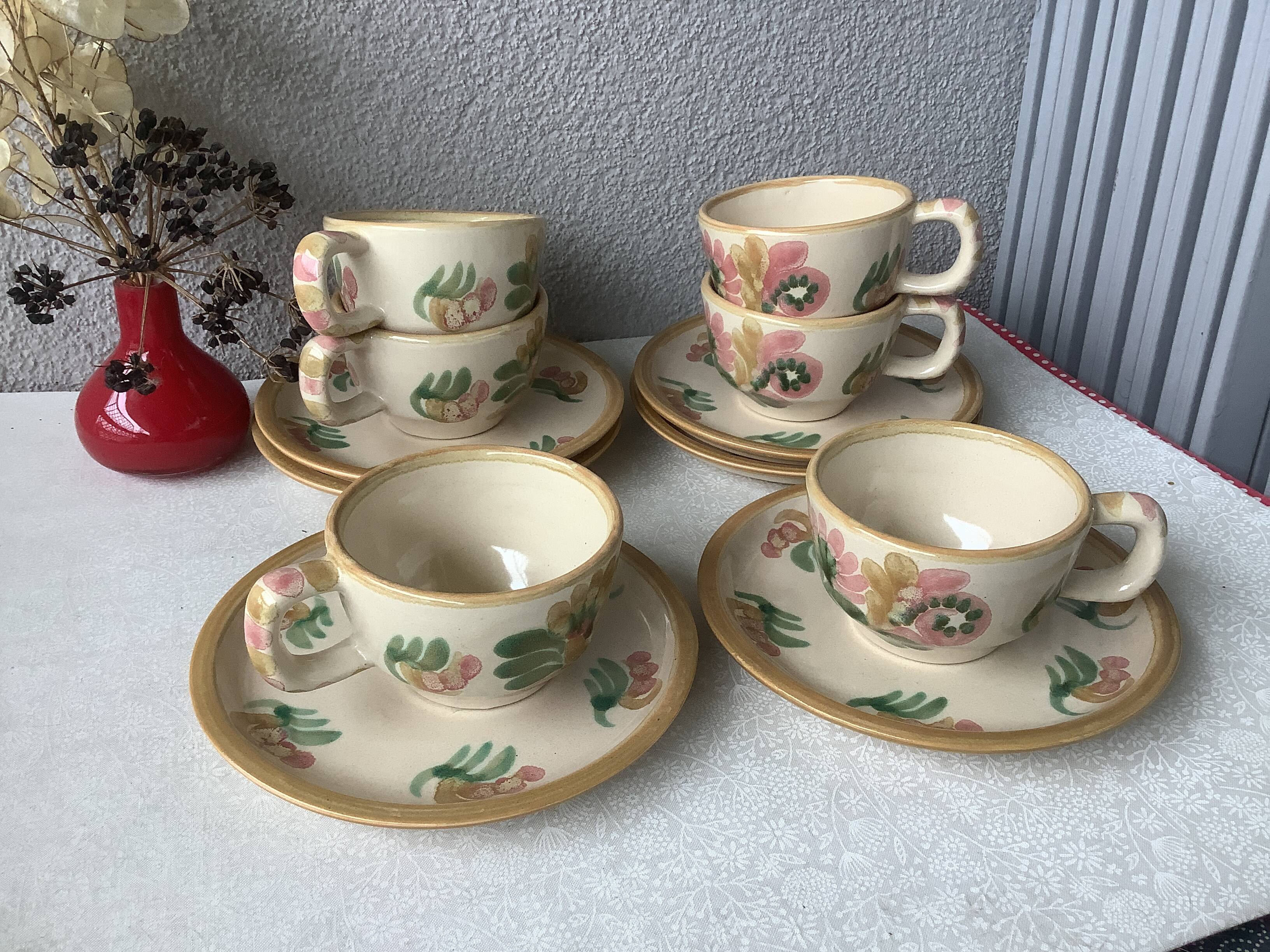HB Henriot Quimper stoneware cups, hand-painted floral decoration