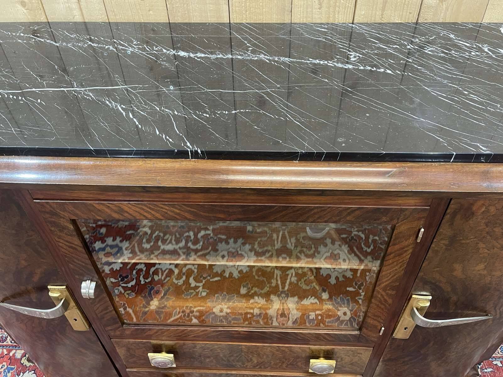 Enfilade d'époque Art déco en loupe de noyer et dessus marbre noir