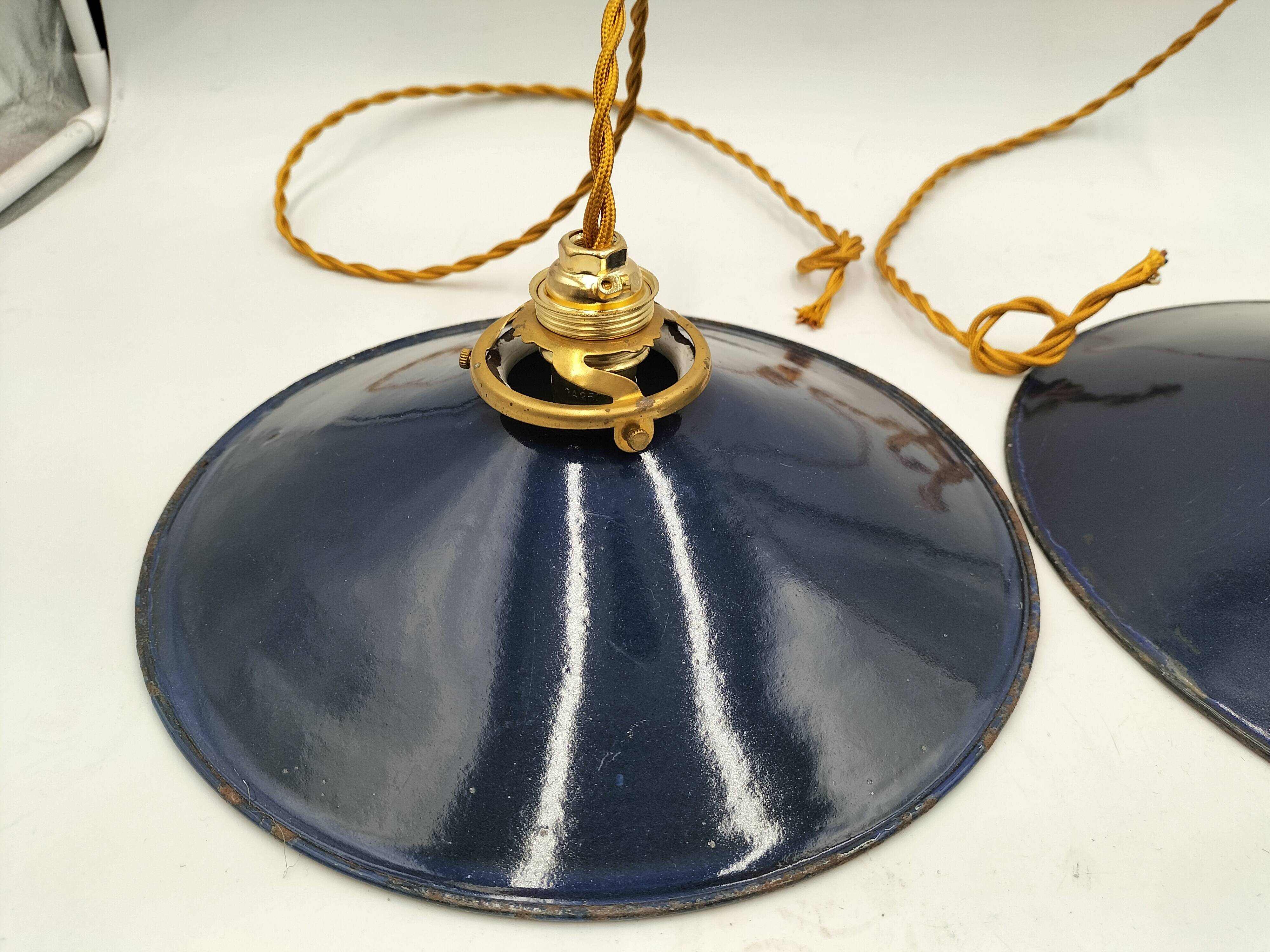 Blue enameled sheet metal pendant lights