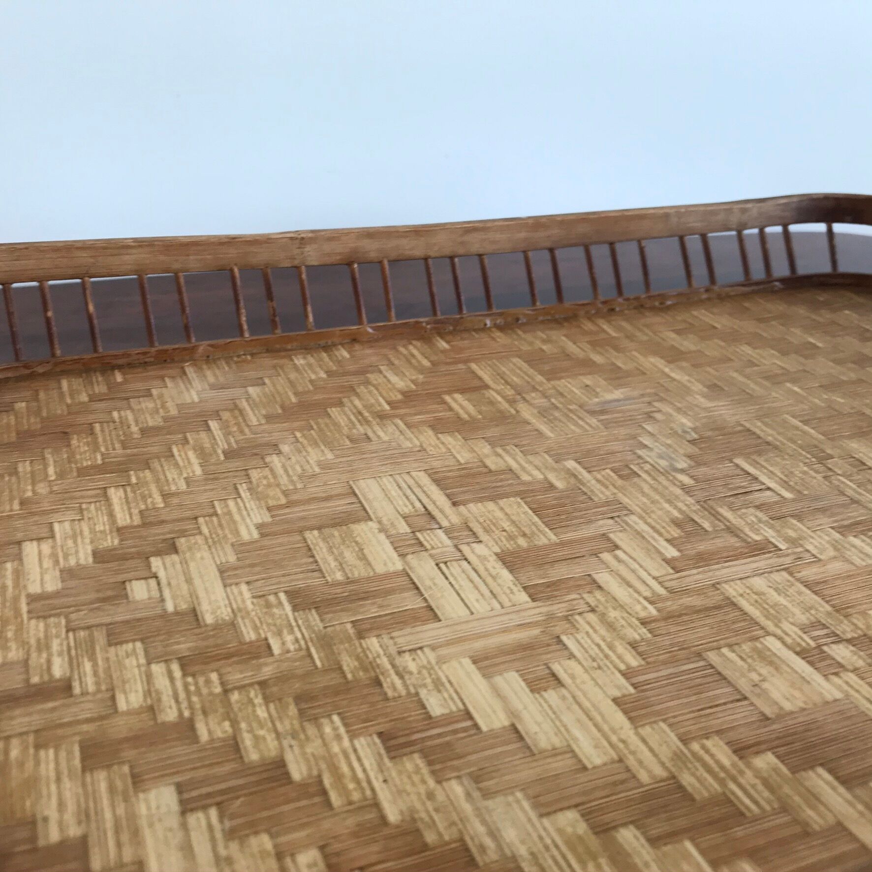 Vintage rectangular braided bamboo platter 1960