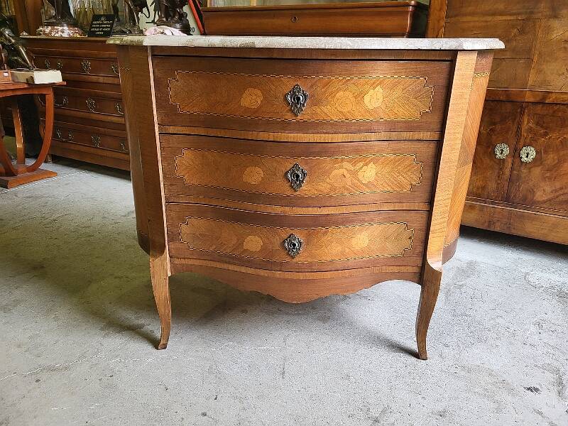 Curved chest of drawers in rosewood and marble marquetry