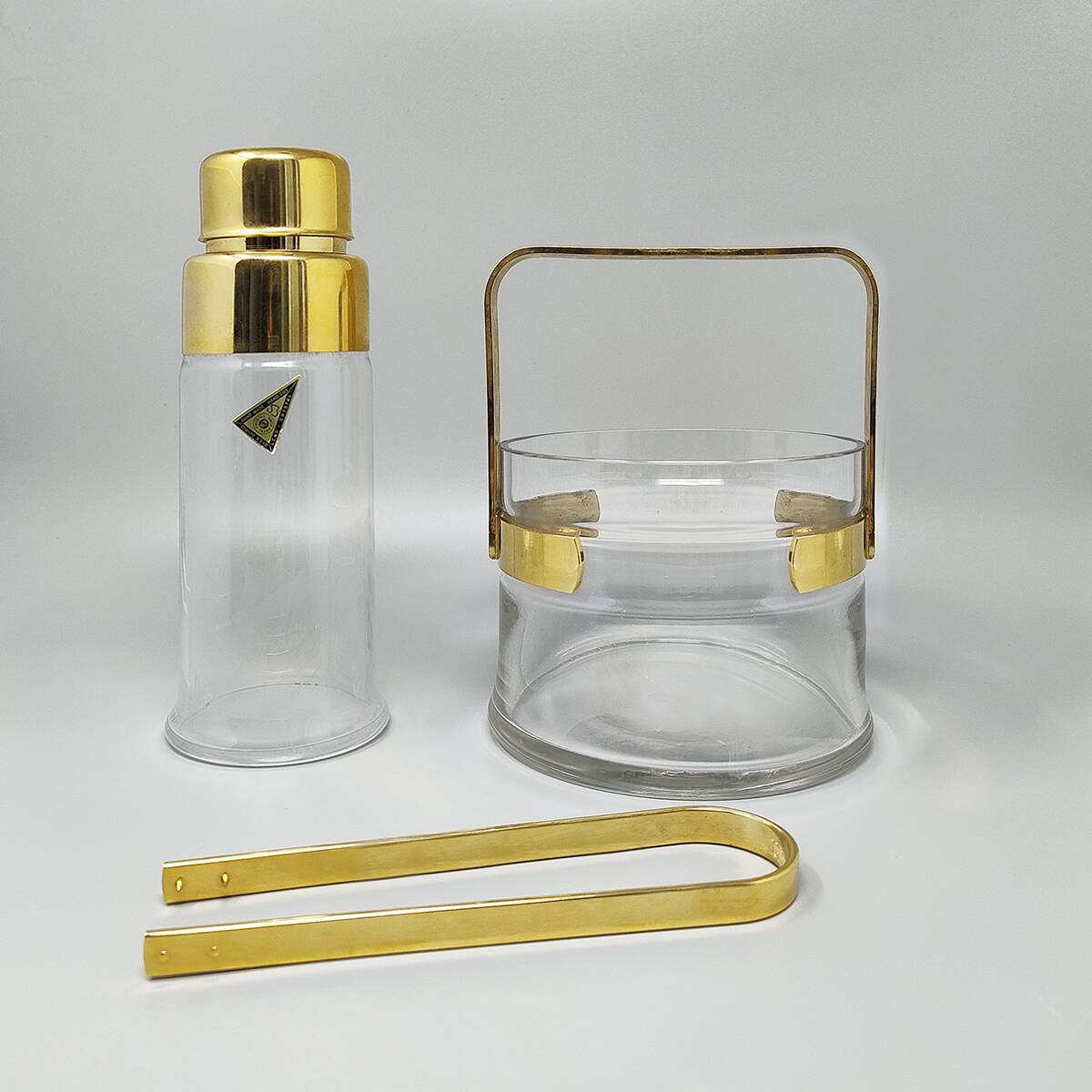 1970s Gorgeous Cocktail Shaker With Ice Bucket by Dorval in Gold plate 24K and Crystal. Made in Ital