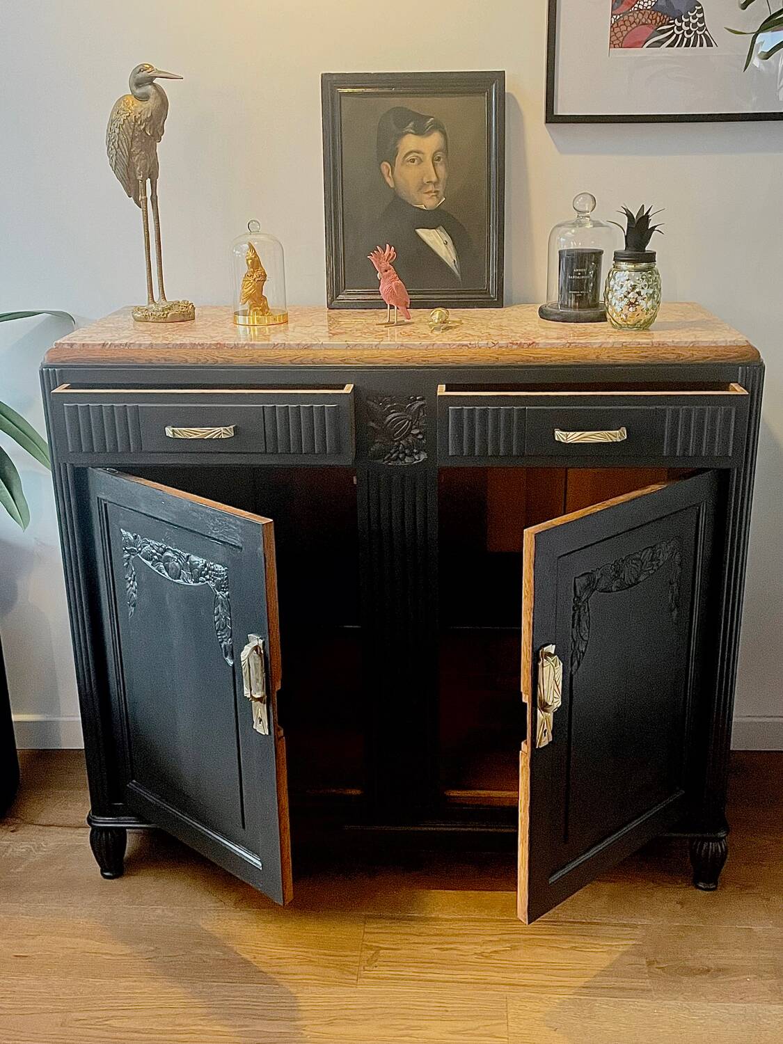 Black Art Deco sideboard with marble top