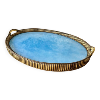 Grand plateau ancien en rotin & verre églomisé – circa 1890-1900