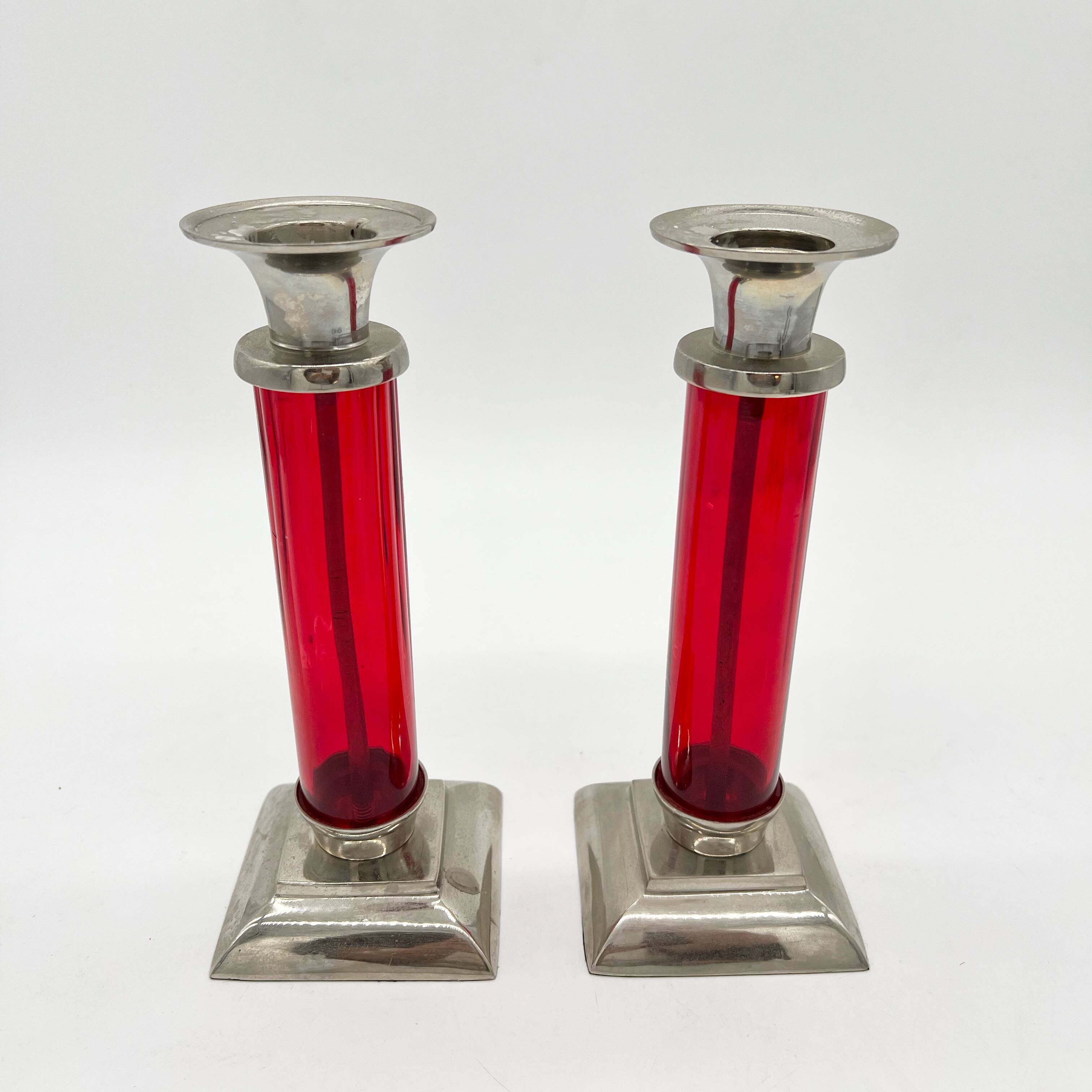 Pair of post-Bauhaus red candlesticks, 1930–50