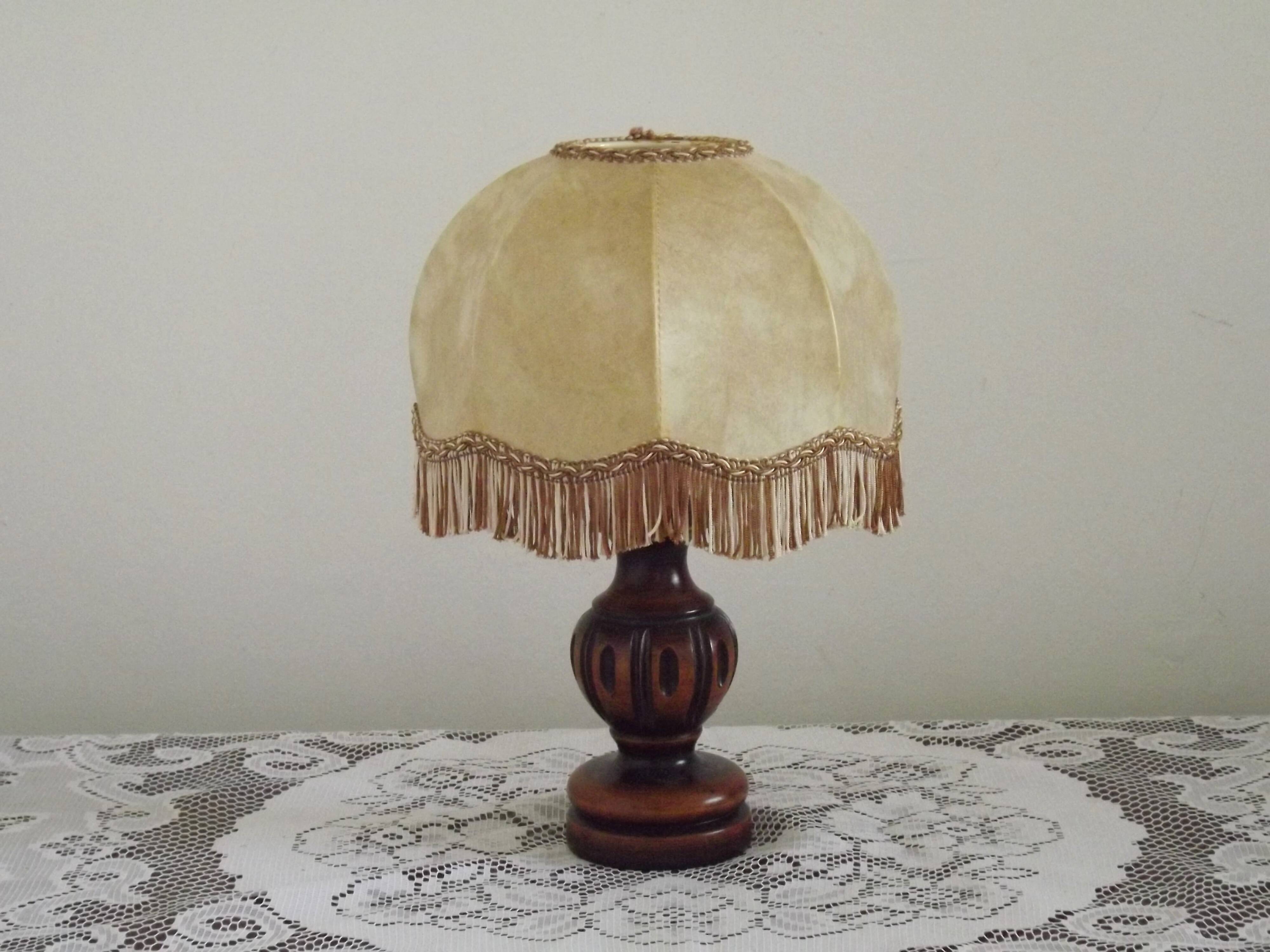 French Mid Century Round Turned Wood Grooved Table Lamp Hide Skin Shade