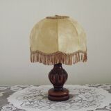 French Mid Century Round Turned Wood Grooved Table Lamp Hide Skin Shade