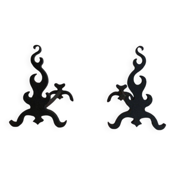 Pair of andirons in cast iron and wrought iron