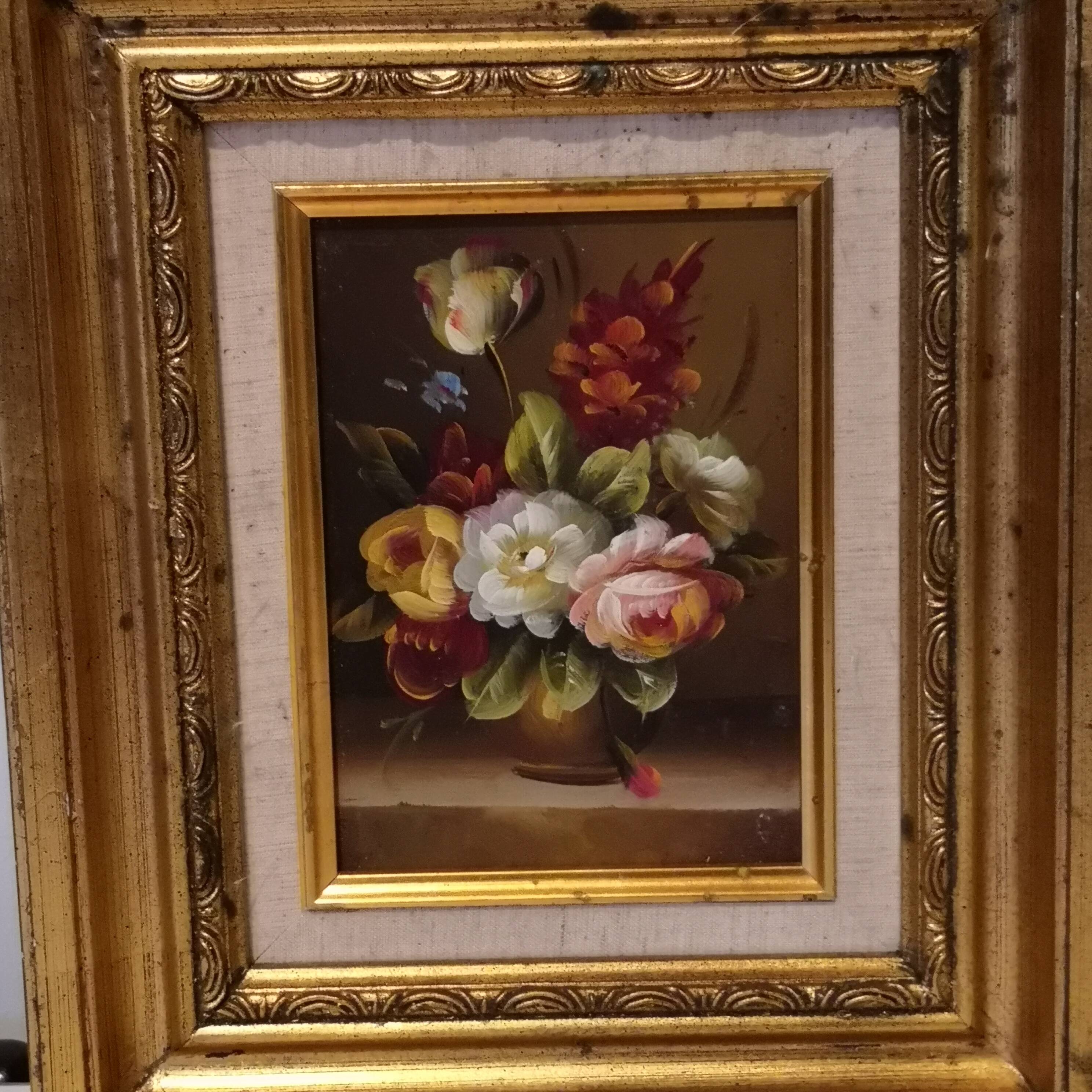 Paire de tableau nature morte sur bois bouquet de fleurs vintage