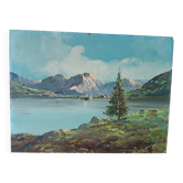 peinture à l'huile sur isorel des années 1950, paysage de montagne