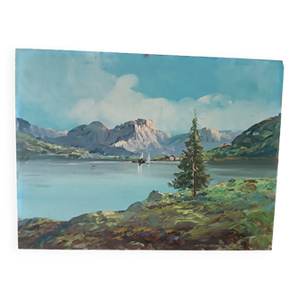 peinture à l'huile sur isorel des années 1950, paysage de montagne