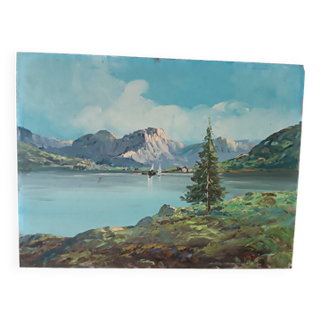 peinture à l'huile sur isorel des années 1950, paysage de montagne