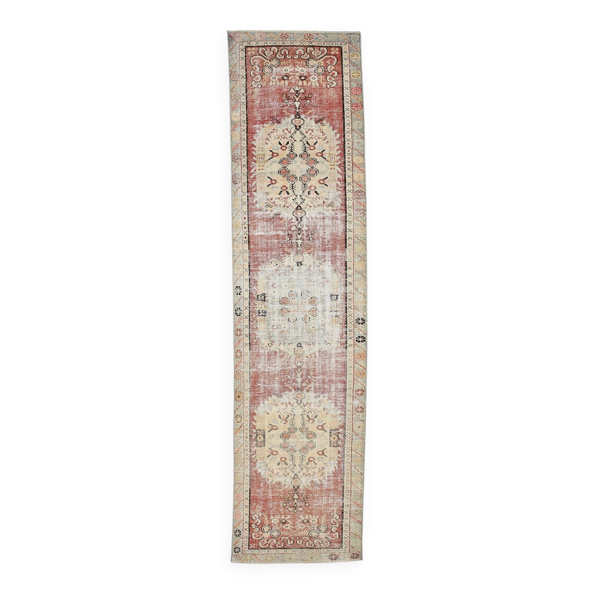 Turkish Red & Cream Oriental Vintage Runner Rug, 85x352Cm