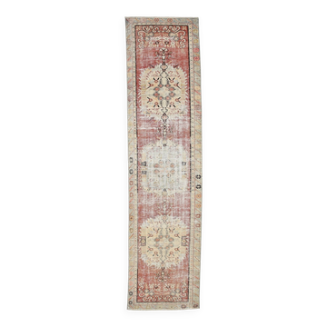 Tapis de couloir oriental vintage turc rouge et crème, 85 x 352 cm
