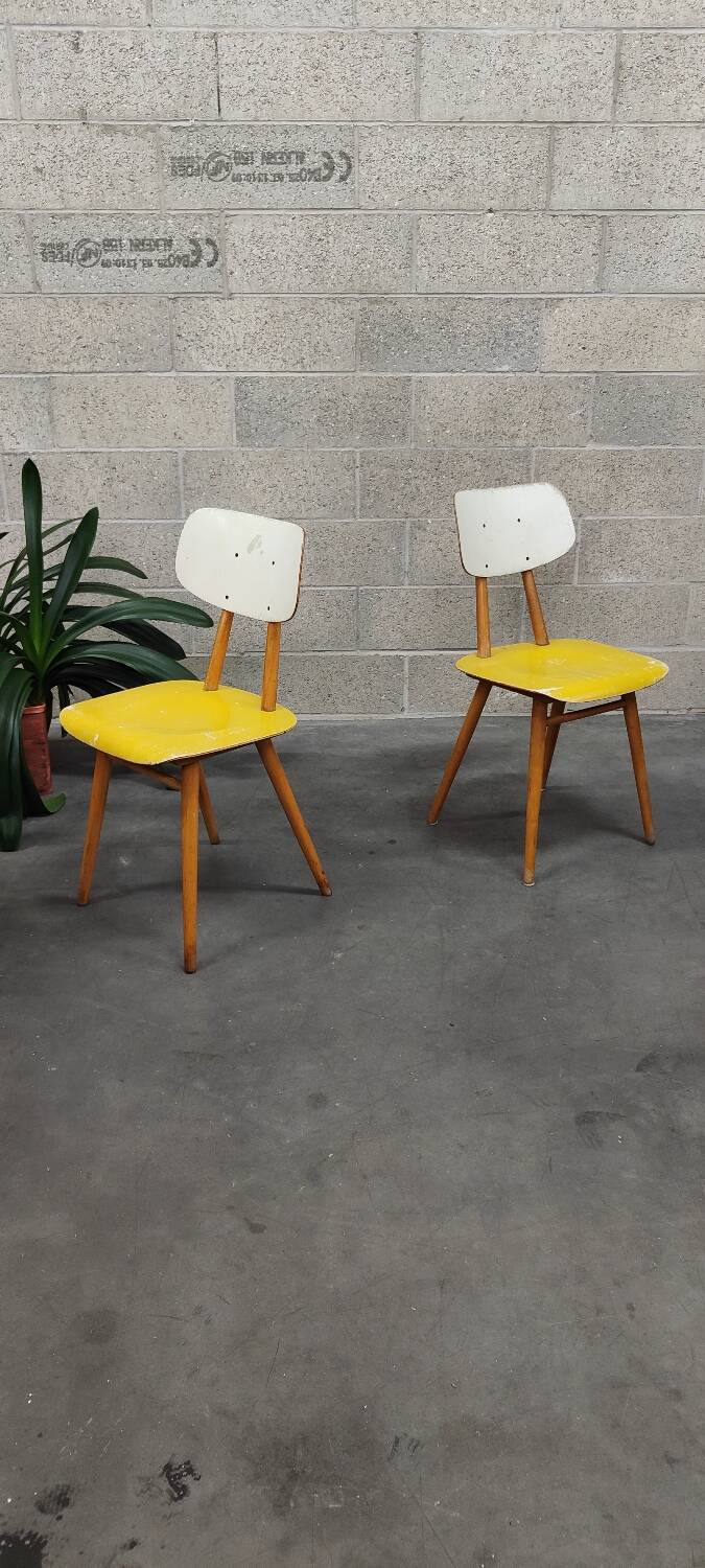 Pair of yellow and white TON Bystrice Thonet wooden chairs