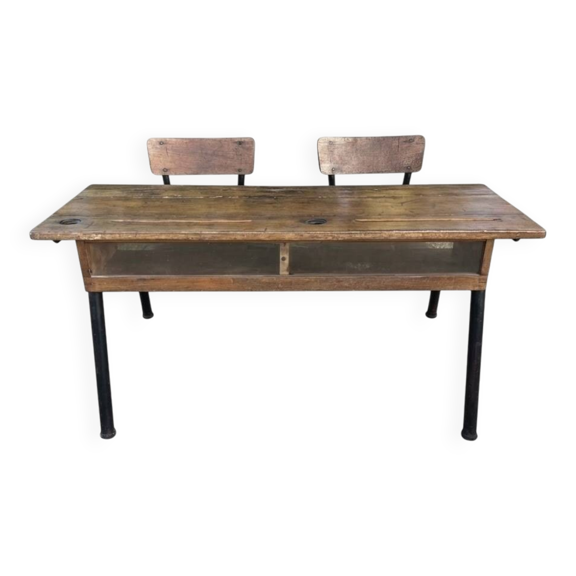 bureau d'école double avec chaises intégrées (ou pupitre d'écolier double)