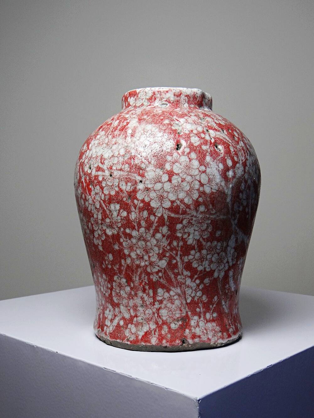 Glazed raku ceramic vase decorated with sakura, vintage 1980s-1990s.