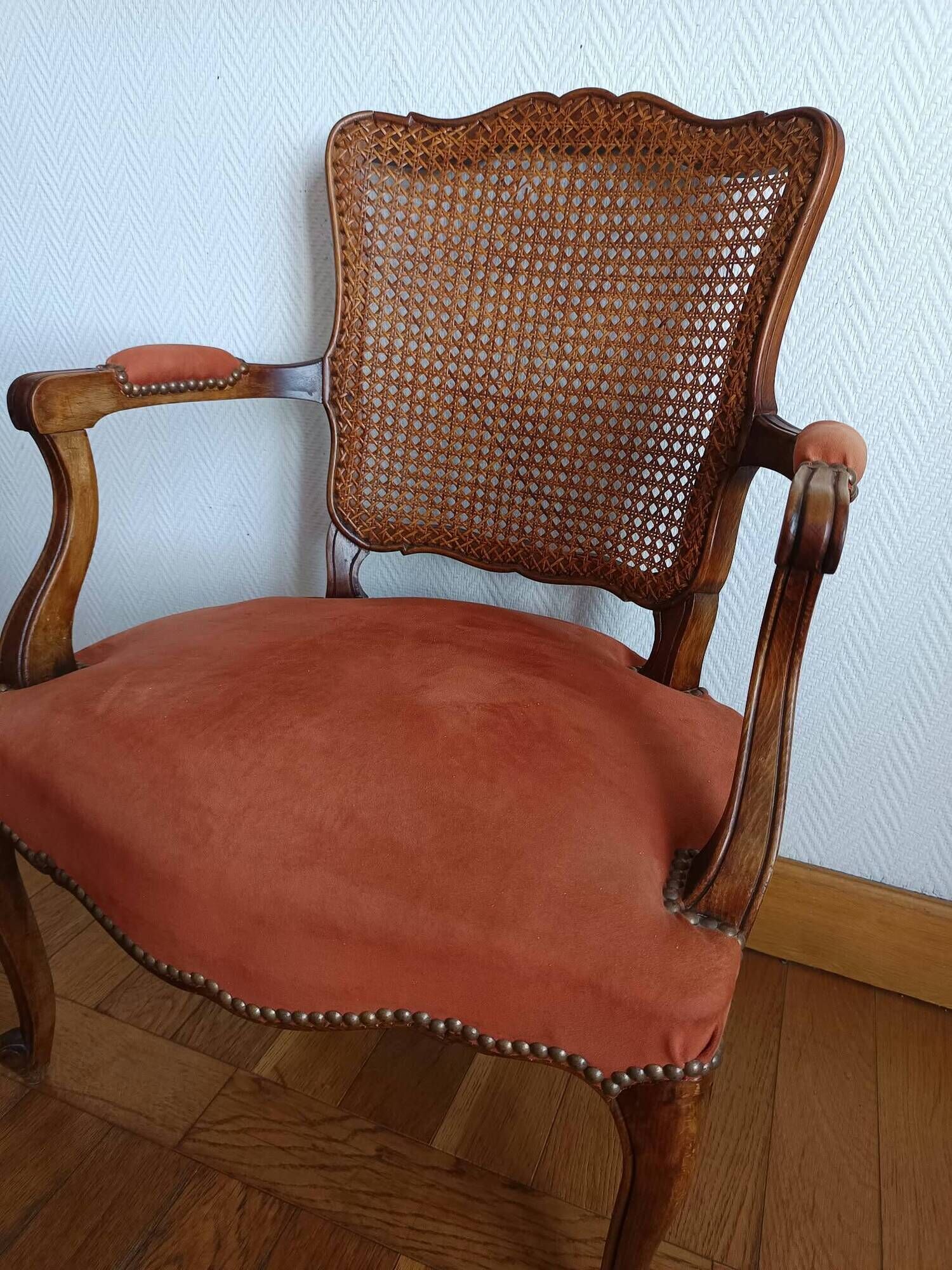 Fauteuil louis XV terracotta et cannage