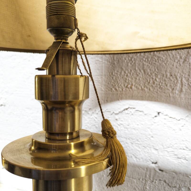 Large brass and wood lamp