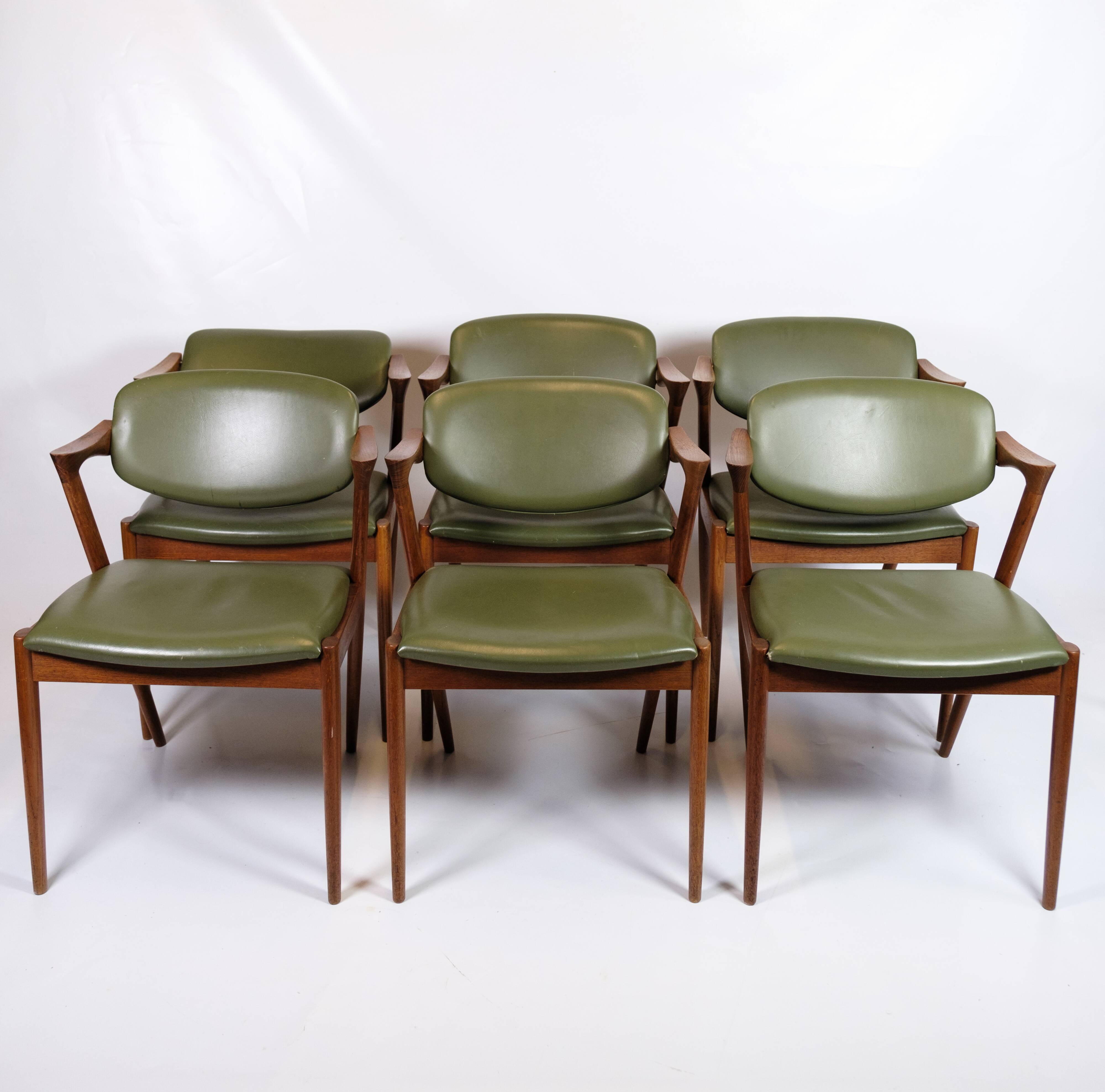 Set Of 6 Dining Chairs Model 42 Made IN Teak With Green Leather Seat By Kai Kristiansen From 1960s