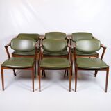 Set Of 6 Dining Chairs Model 42 Made IN Teak With Green Leather Seat By Kai Kristiansen From 1960s