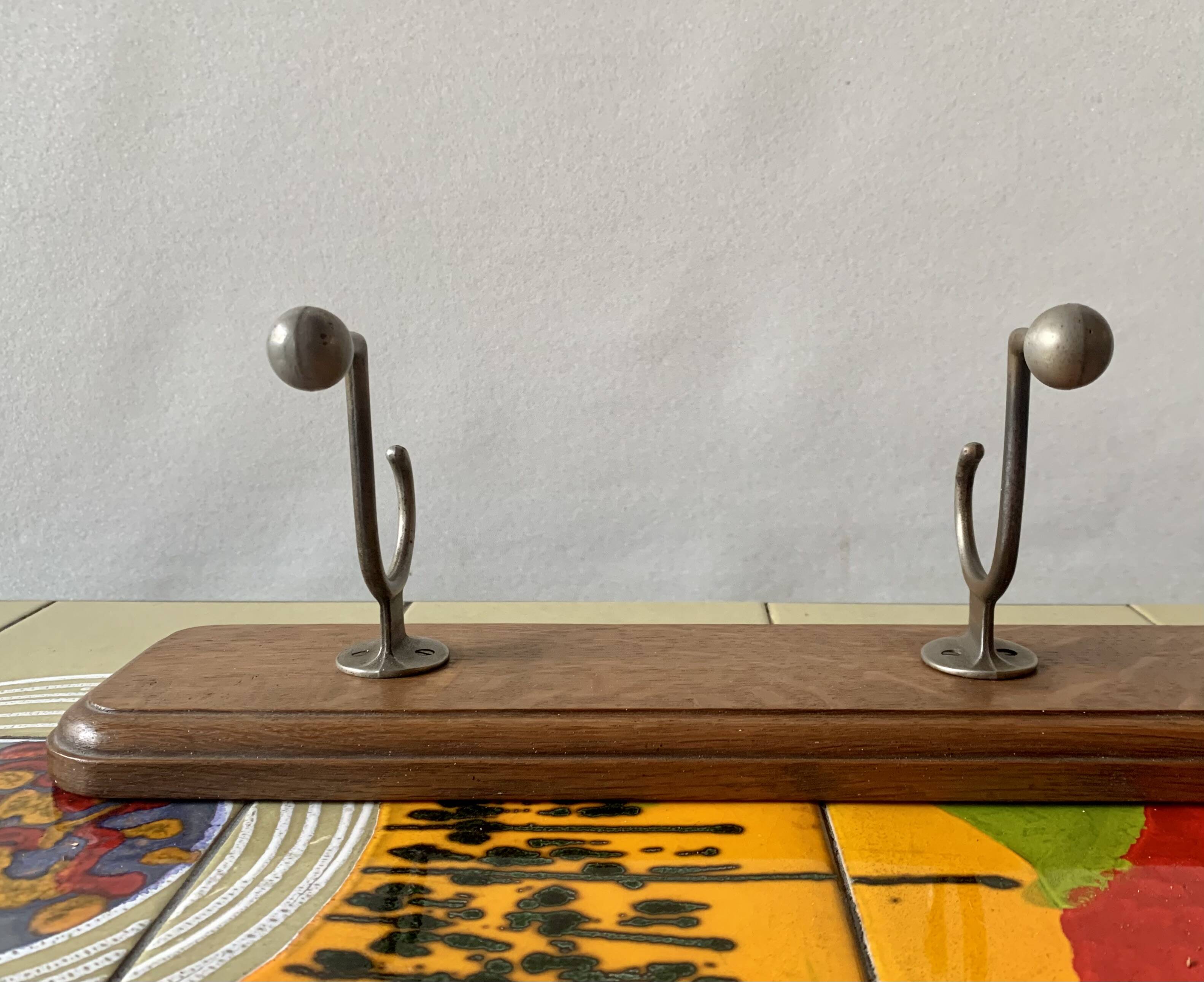 Vintage wooden wall coat rack - 4 steel hooks