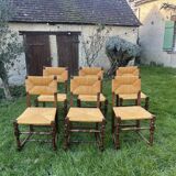 Set of 6 wooden and straw chairs
