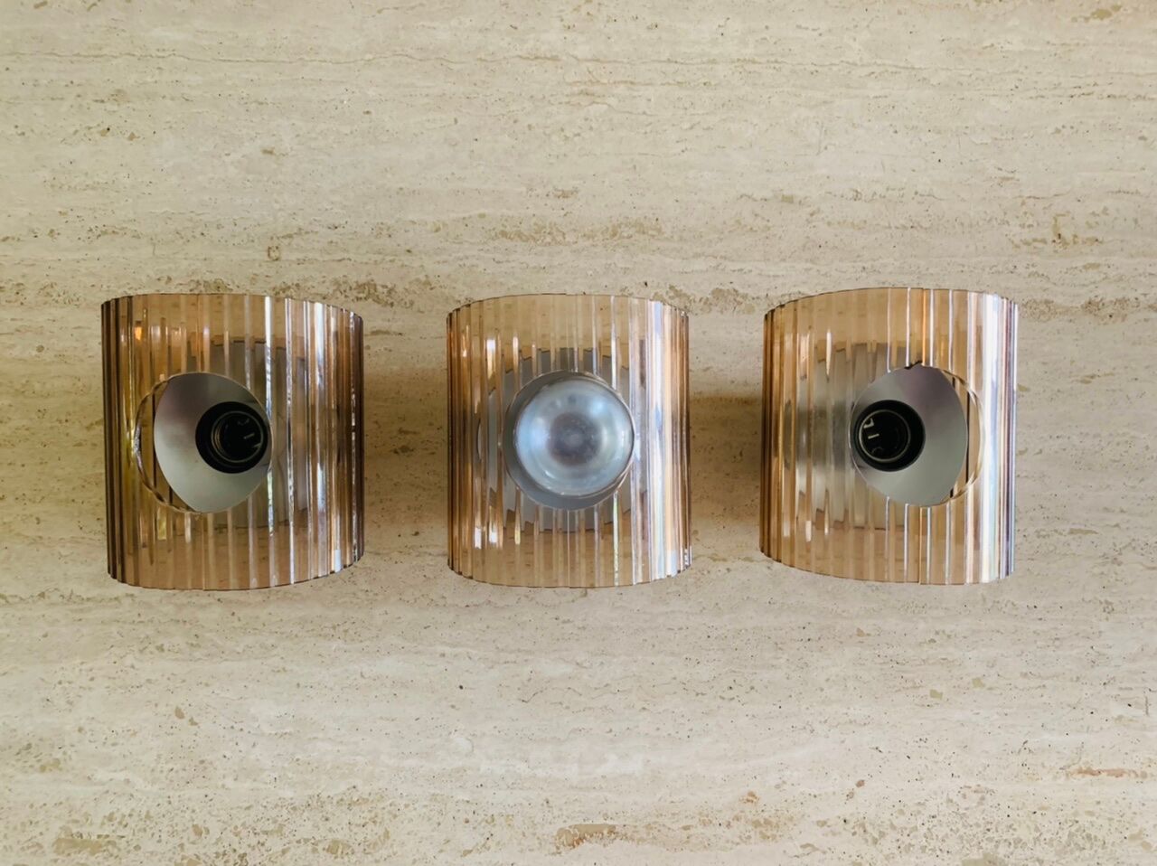 Set of 3 vintage wall lamps in smoked plexiglass, circa 1970's