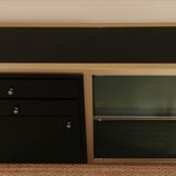 Console set and its mirror, black and gold, 80s