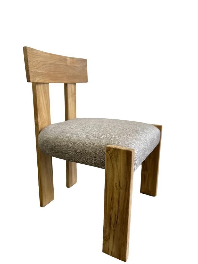 Solid wood chair with a linen-look seat.