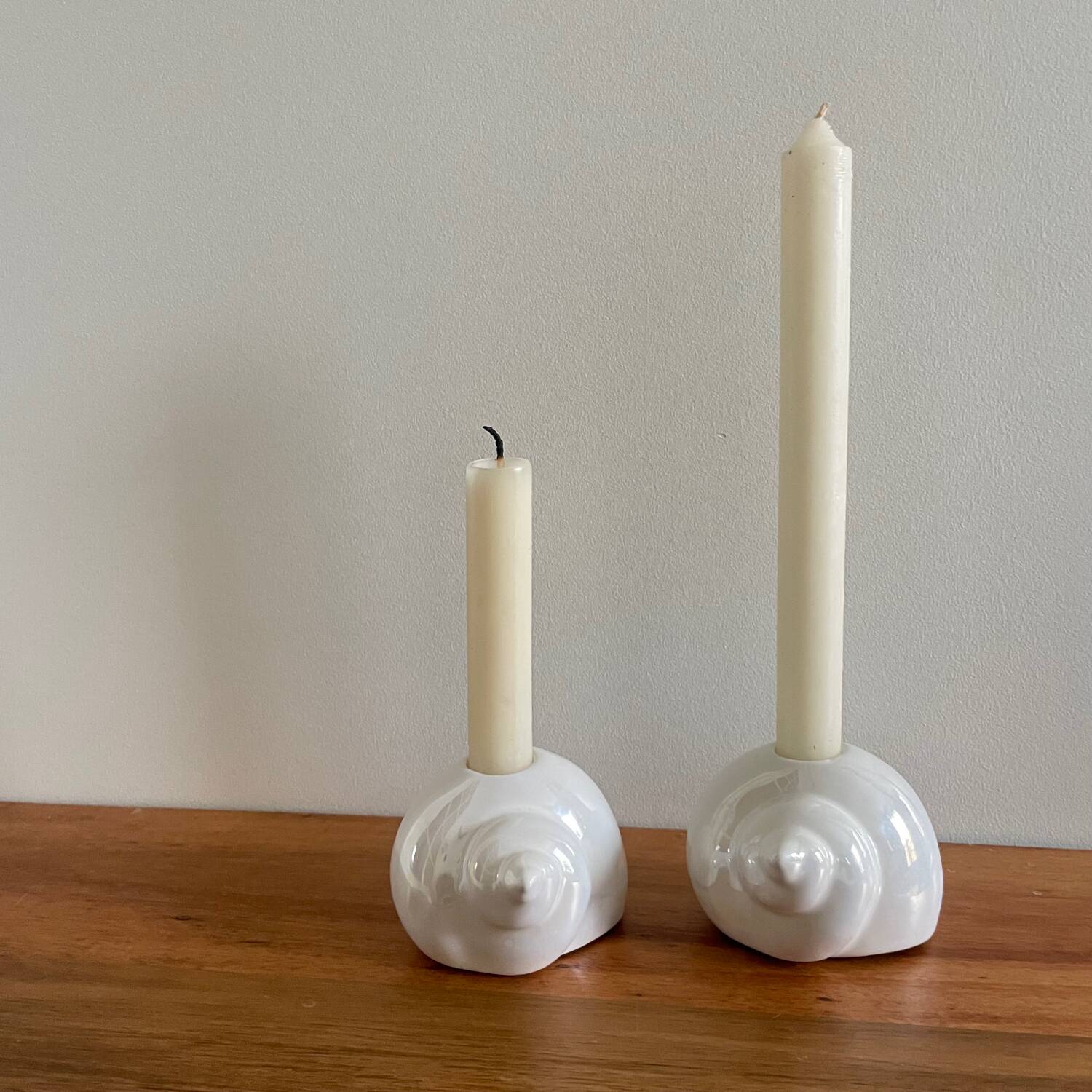 Pair of iridescent ceramic shell candle holders