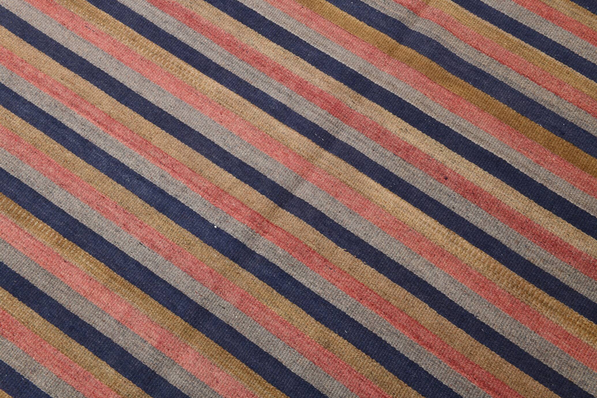 Navy Blue & Terracotta Hand Woven Turkish Striped Kilim Rug, 147x217 Cm