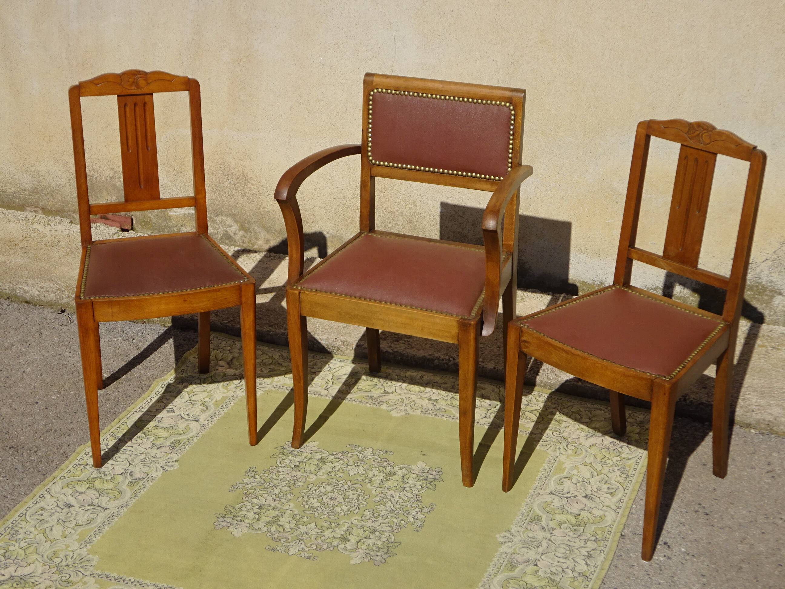 Sièges art déco assortis: 1 fauteuil bridge et 2 chaises