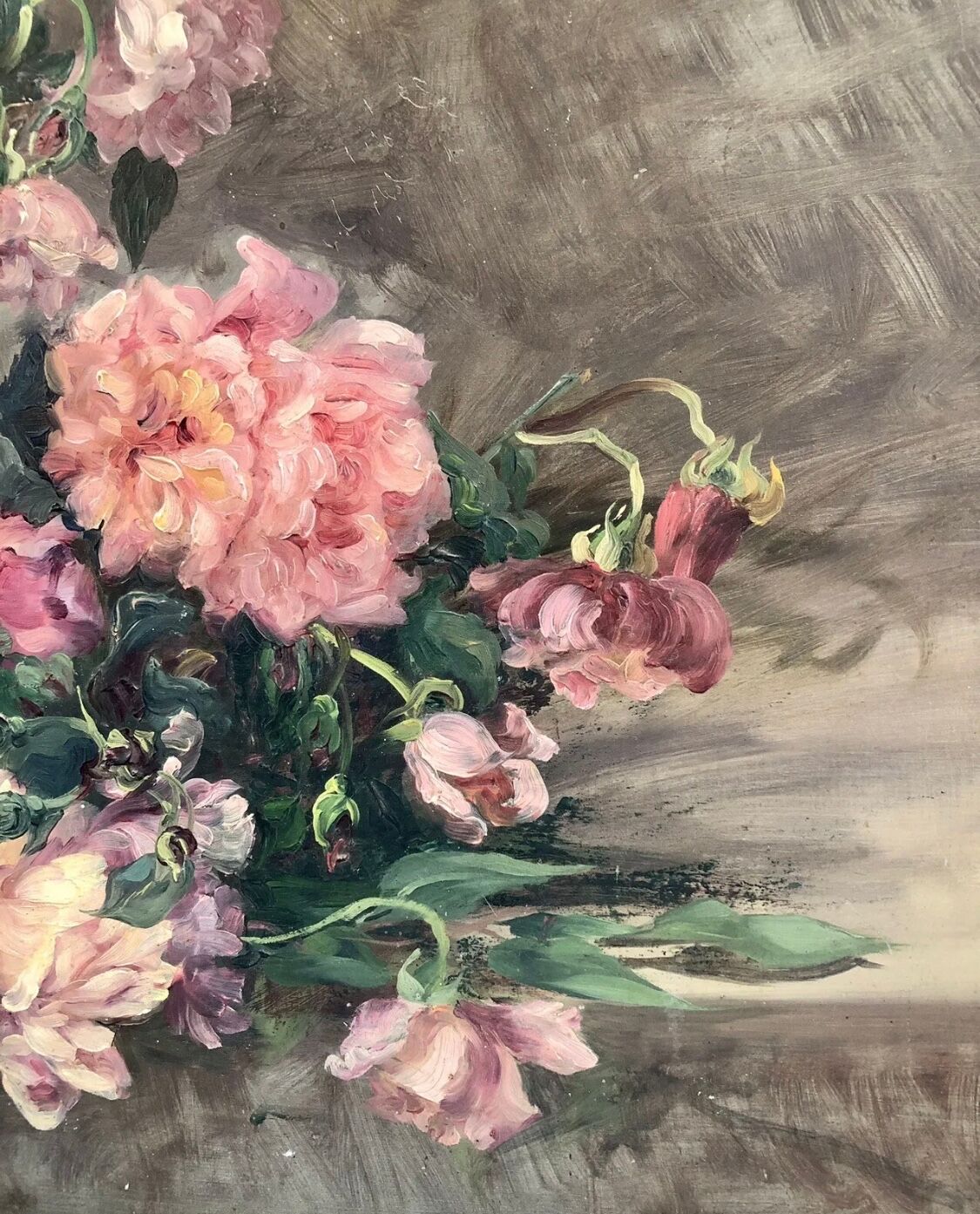 François Félix Roubaud Still life oil on wooden panel bouquet roses peonies XIX