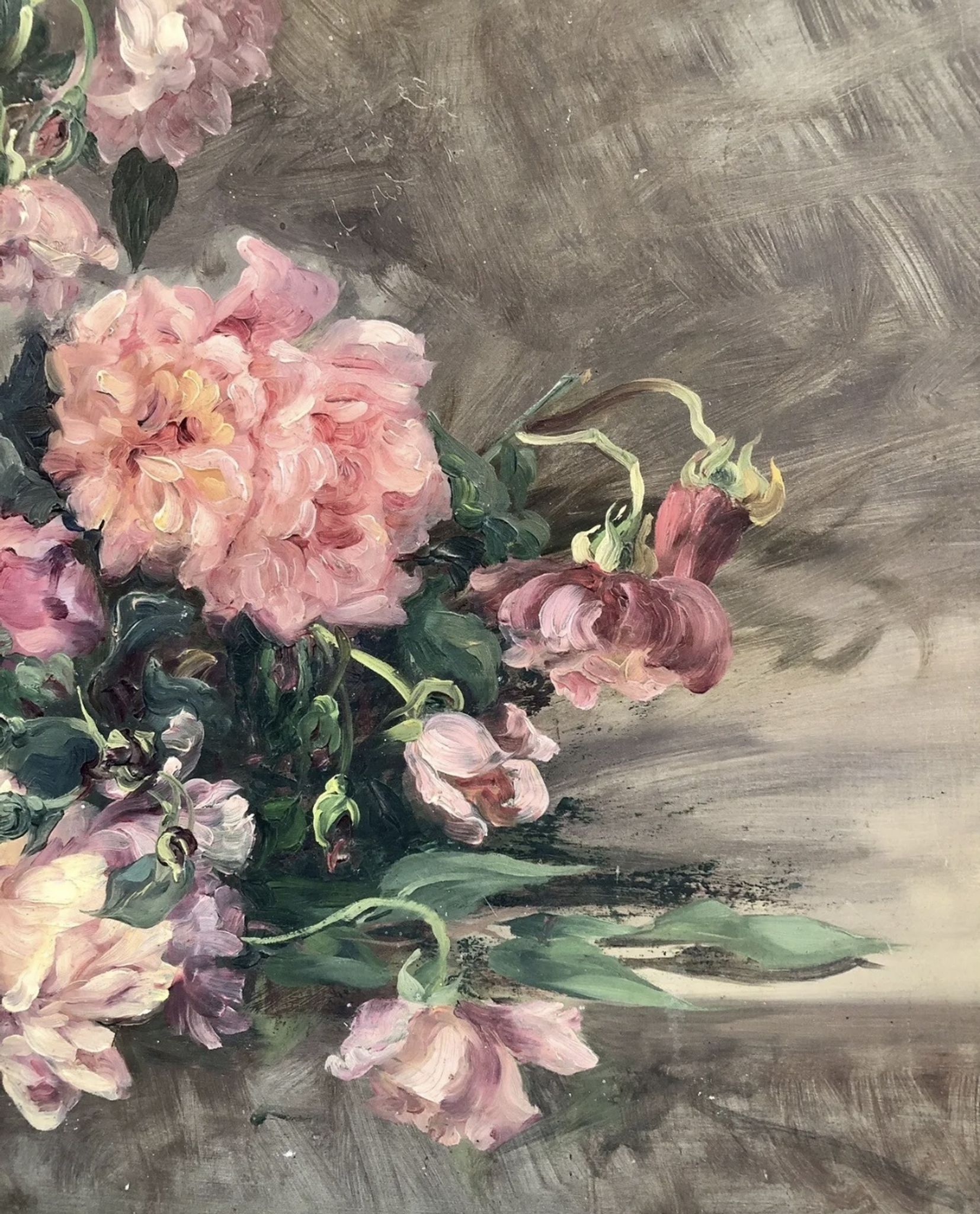 François Félix Roubaud Still life oil on wooden panel bouquet roses peonies XIX