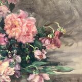 François Félix Roubaud Still life oil on wooden panel bouquet roses peonies XIX