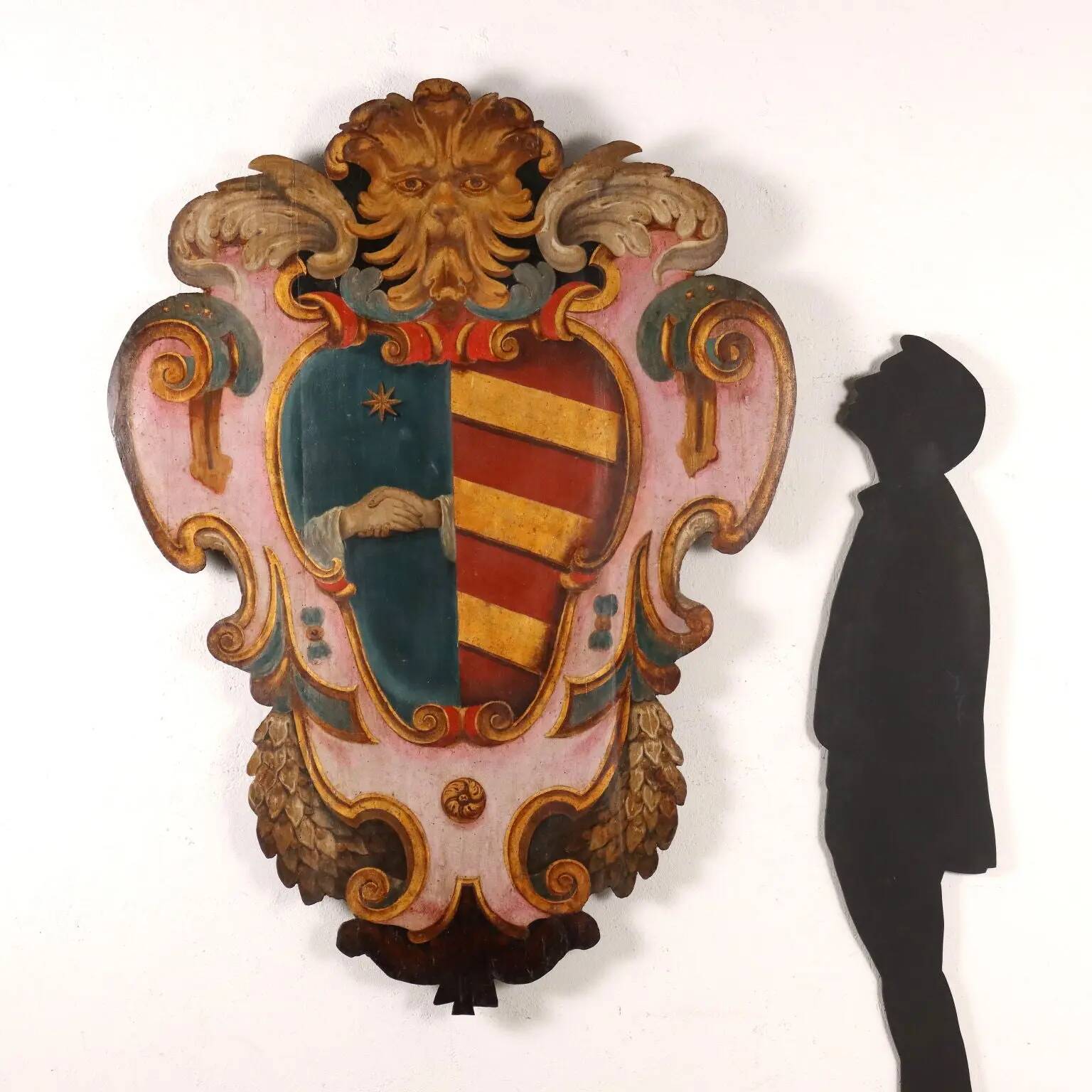 Ancient baroque coat of arms Pasqui in poplar, Florence, 18th century