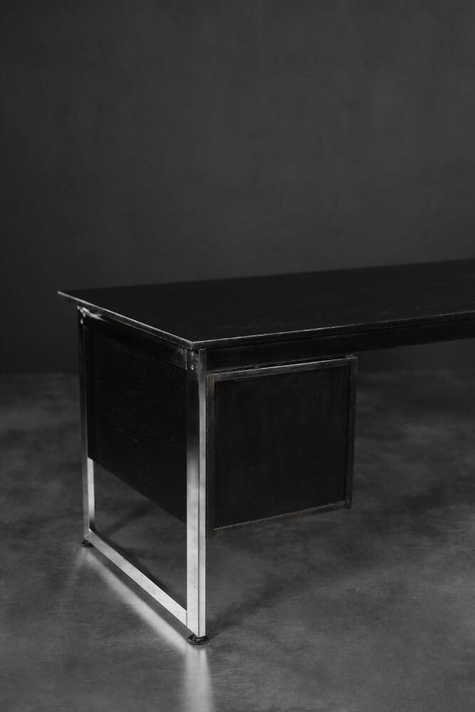 Vintage Mid-Century Danish Black Modern Minimalist Oak Office Desk with Chrome Base, 1970s