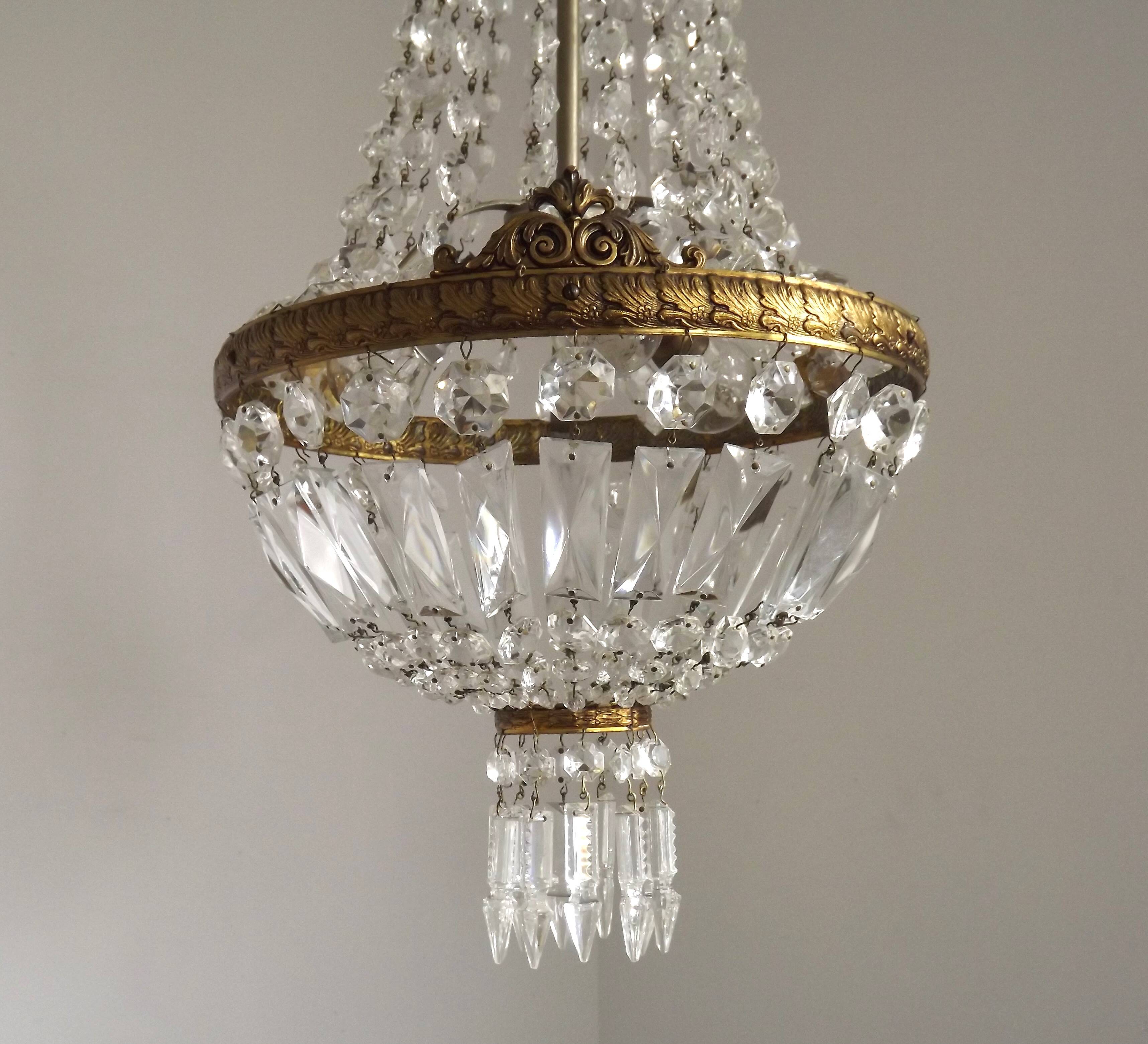 French Empire Style 3 Light Bronze Montgolfier Crystal Basket Chandelier