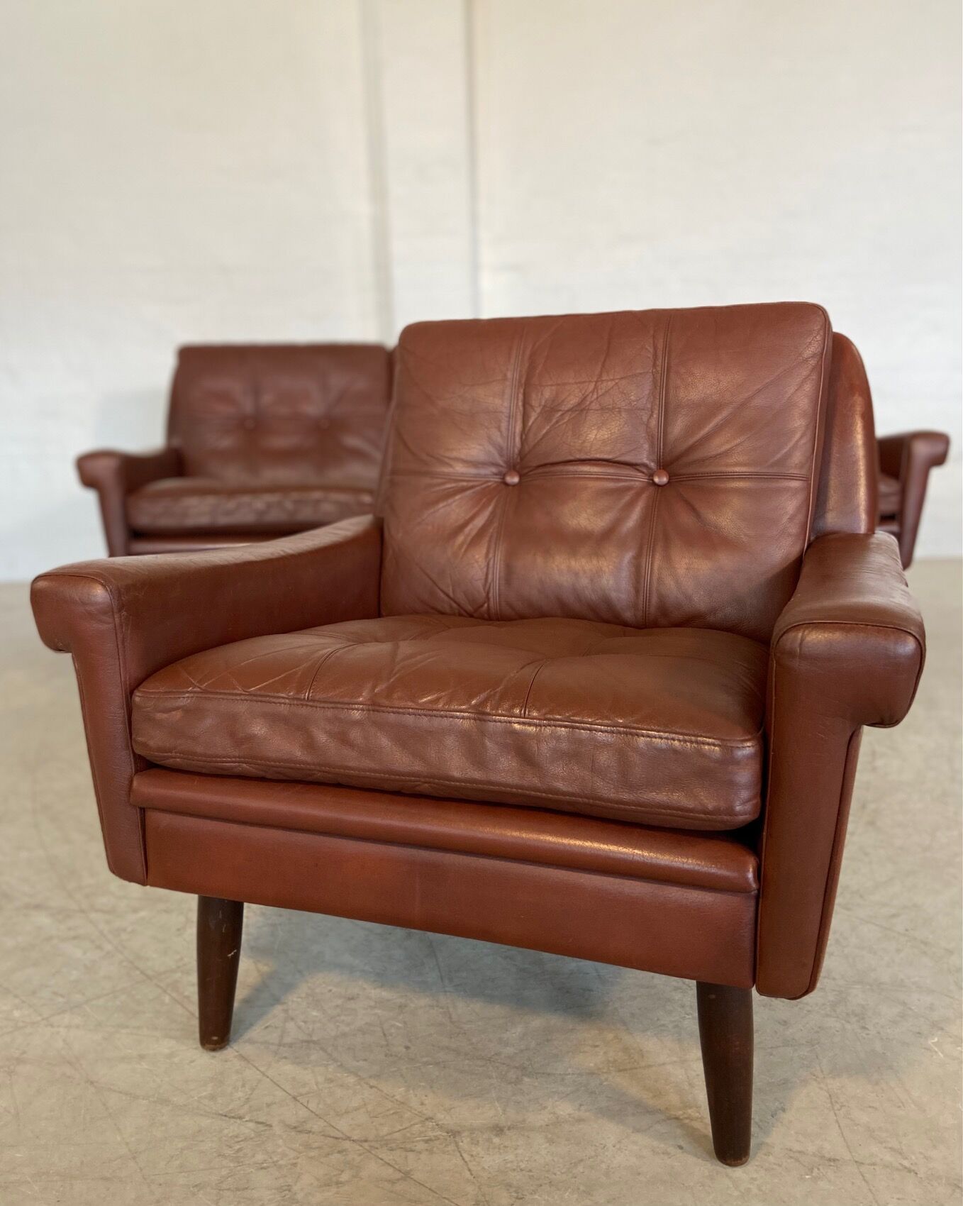 Danish mid-century Svend Skipper cognac 3 person sofa & lounge chair 1960s