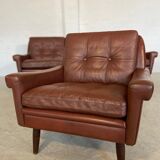 Danish mid-century Svend Skipper cognac 3 person sofa & lounge chair 1960s