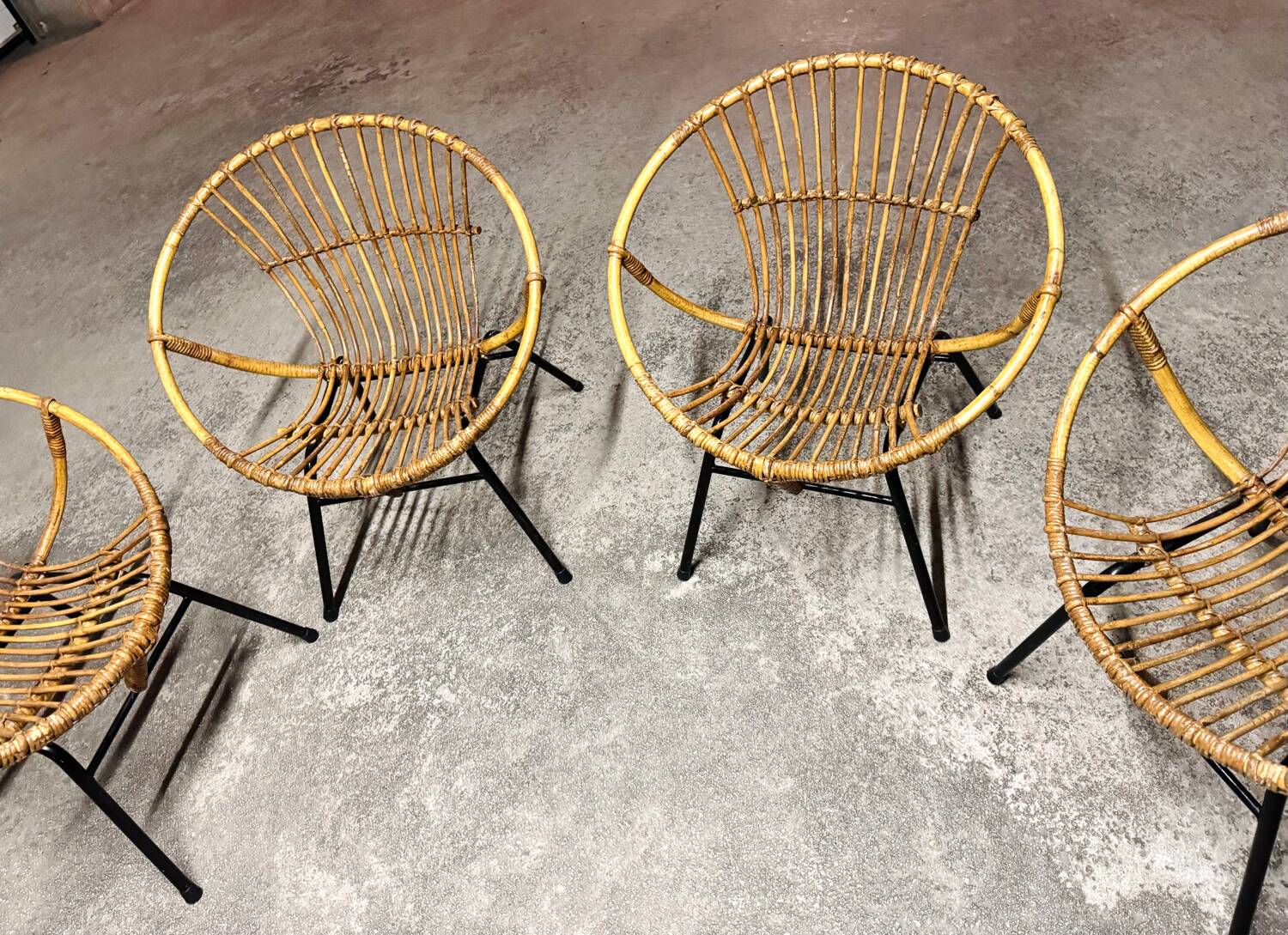 Set of 4 vintage 1950s/60s wicker rattan adult basket armchairs