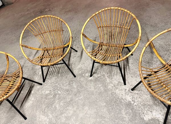 Set de 04 fauteuils corbeille adulte en rotin osier années 1950/60s vintage