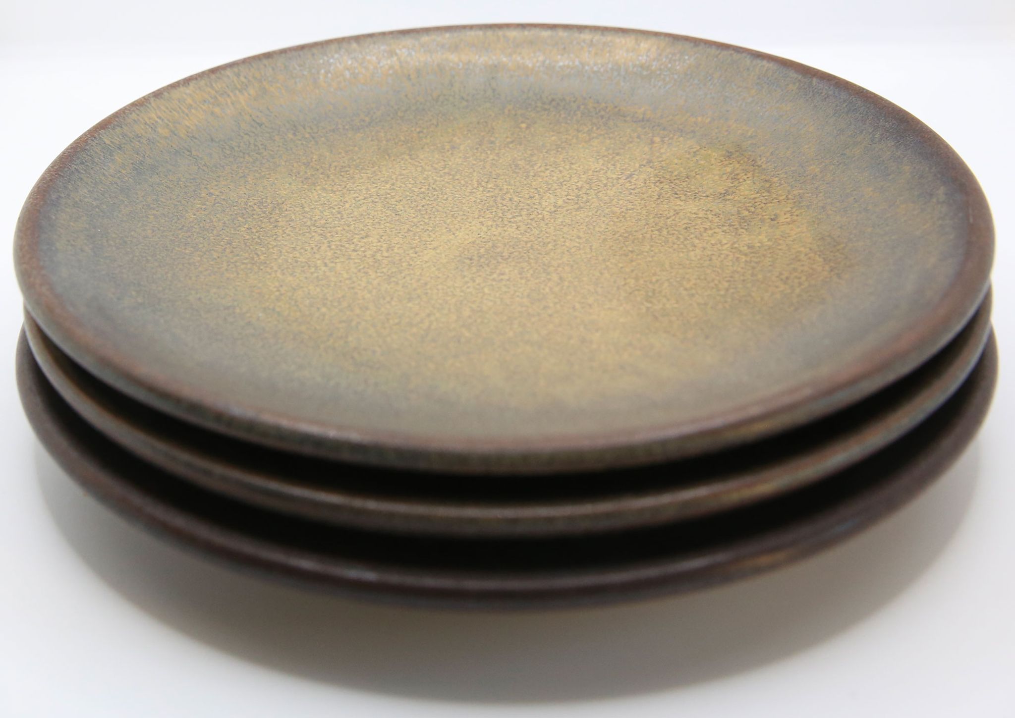 Set of 3 bluish and ochre plates in stoneware Arts Ceram Grand Feu