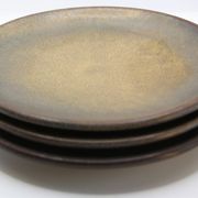 Set of 3 bluish and ochre plates in stoneware Arts Ceram Grand Feu