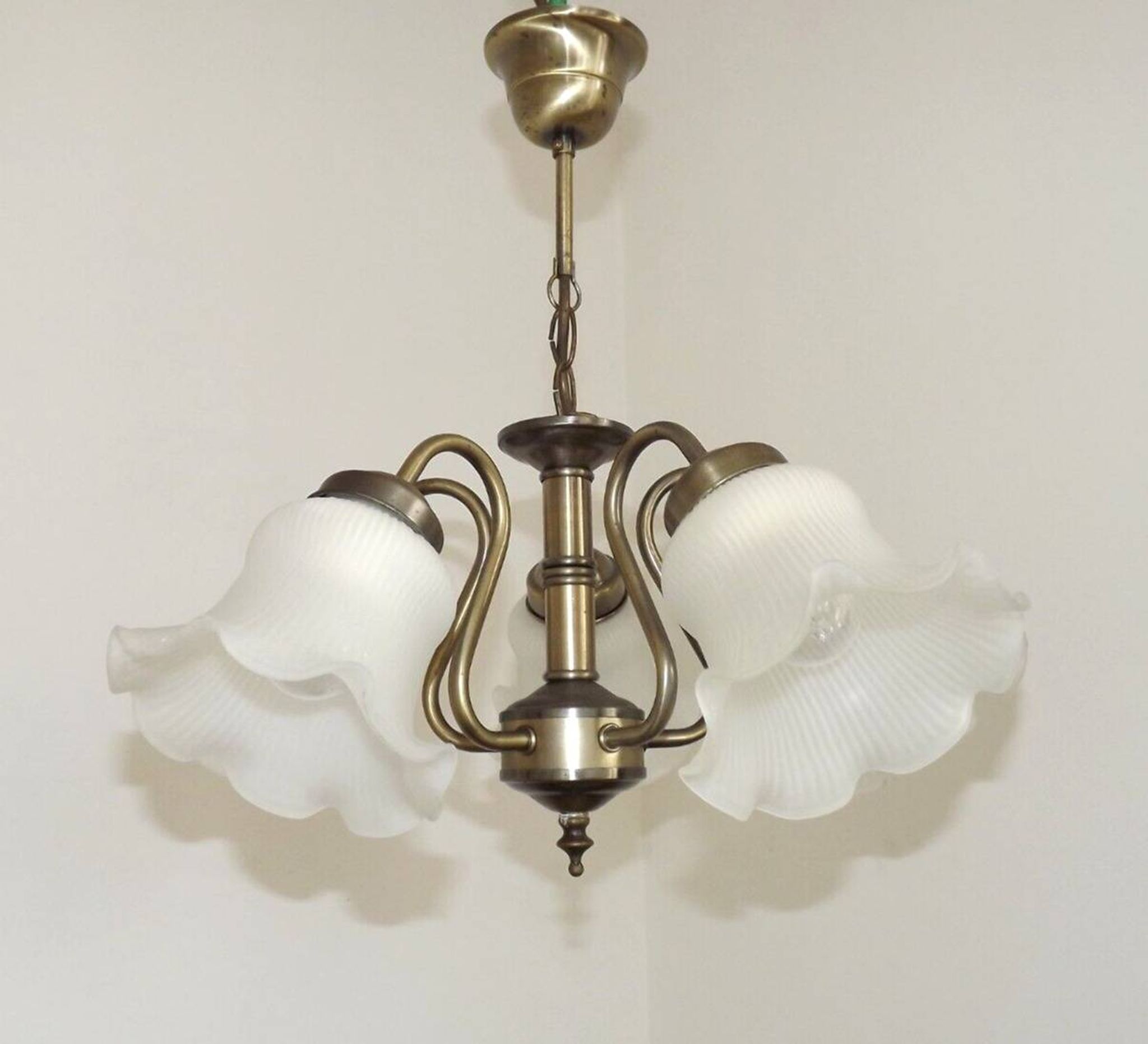 Vintage French 5 Light Silver Metal Chandelier With Patterned Glass Shades 4536